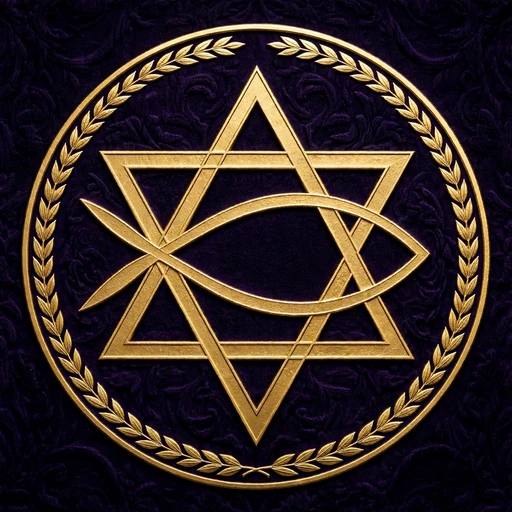 A golden Star of David with the Christian fish woven through it, glowing against the night sky